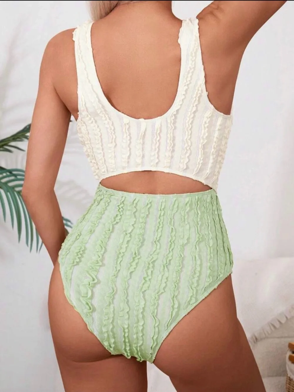 SHEIN Green and cream one piece swimsuit with ruffled texture M
